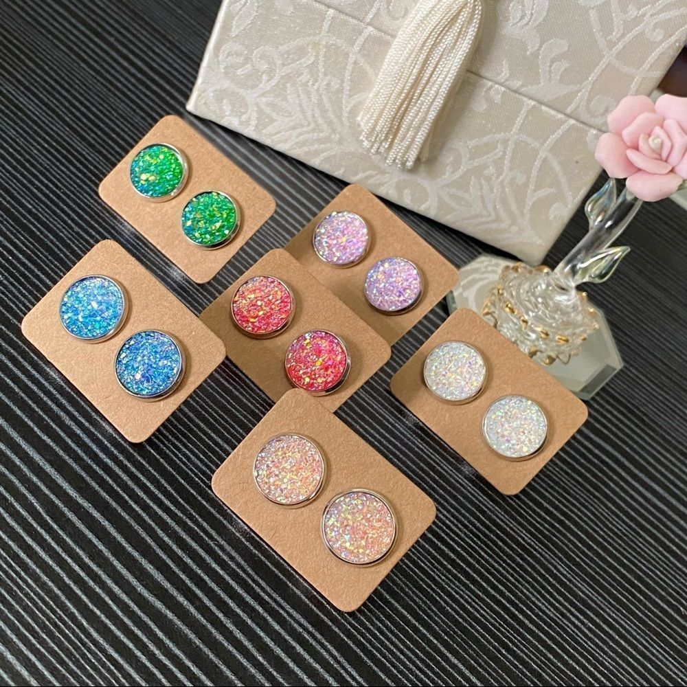 Just Pink Flat Druzy on Stainless Steel Round Studs Earrings